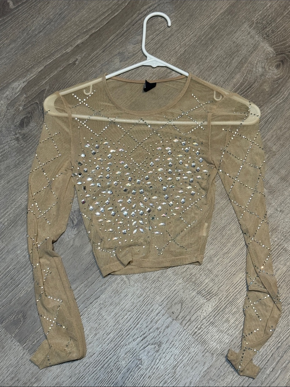 Windsor Tan Sheer Long-Sleeve Crystal Embellished Crop Top